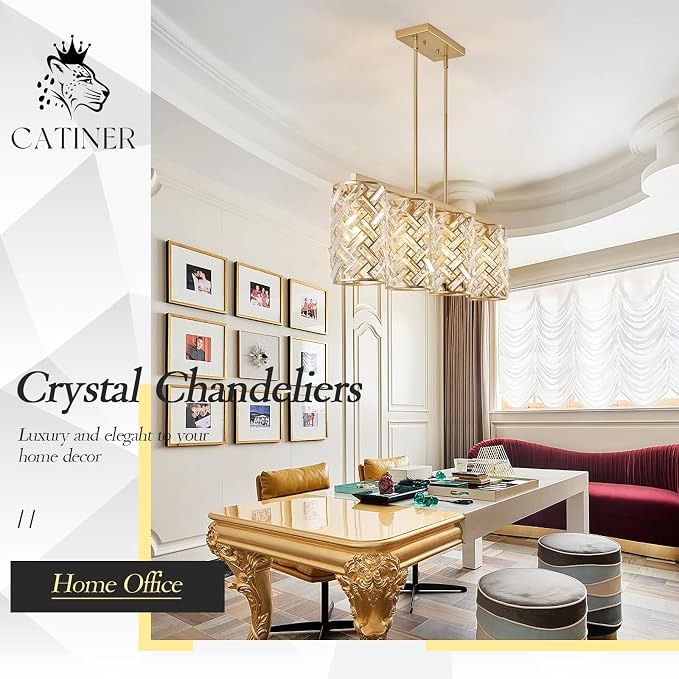 CATINER 40" Gold Crystal Linear Chandelier, 4-Light Kitchen Island Pendant | 40-inch gold crystal linear chandelier with adjustable height, 4 E26 lights, dimmable for kitchen islands and dining rooms