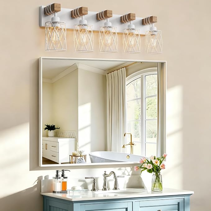 IZORRO Farmhouse Bathroom Vanity Light, 5-Light Wood Bathroom Light Fixtures Over Mirror, Matte White Industrial Vanity Lights with Metal Shade, Rustic Restroom Lighting Fixtures
