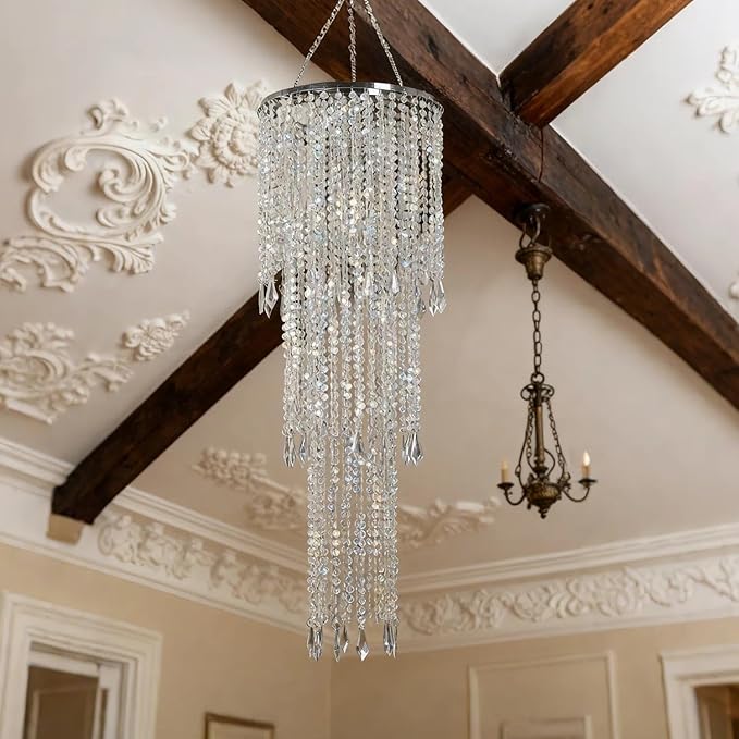 30" Tall Iridescent Hanging Beaded Chandelier 3 Tiers 10.25" Diameter for Wedding Fake Chandelier