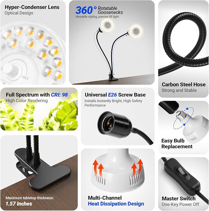 Barrina OG11A2 Clip On Grow Light for Indoor Plants, 4000K 22W(2 x 11W) | Integrated Stepless Dimming & Timing, Full Spectrum, High PPFD, 2-Gooseneck with E26 Plant Light Bulbs