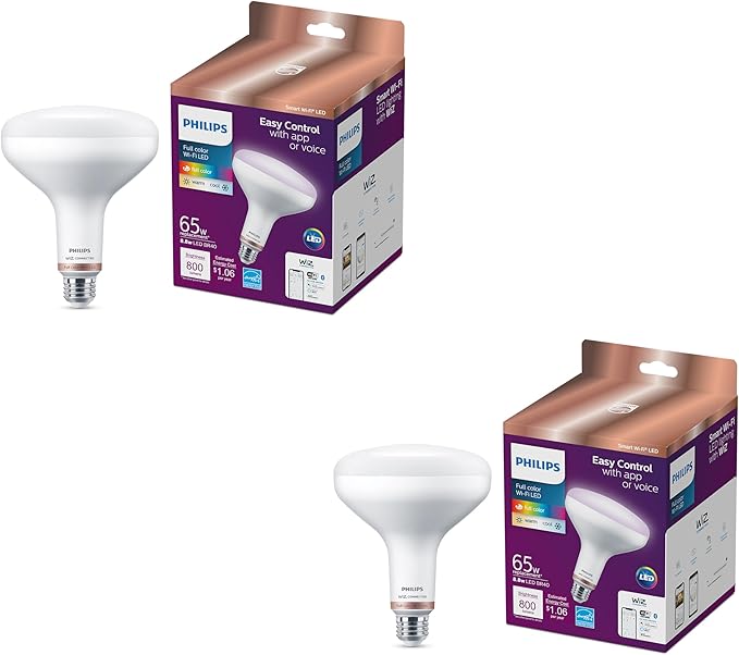 Philips Smart 65-Watt BR40 Color Flood Light Bulb, 2-Pack | Frosted, Dimmable, 110° Beam Angle, E26 Medium Base, Wi-Fi Connected via WiZ App, Voice Control with Alexa & Google