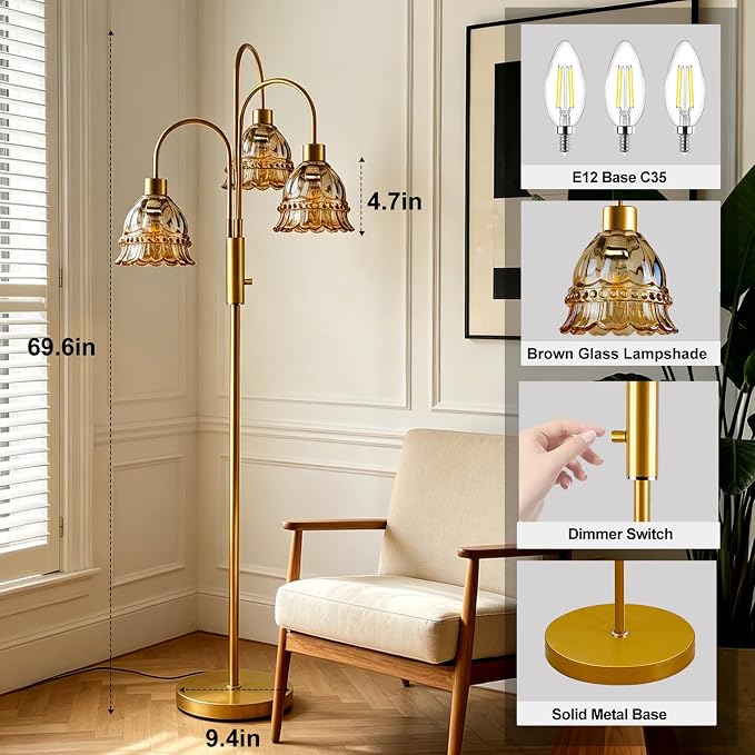 3-Light Glass Floor Lamp with Amber Ribbed Glass Shades, 70" Gold Dimmable Tall Standing Lamp with 3PCS 3000K Warm White Bulbs, Modern Tree Pole Lamp for Living Room Bedroom Home Office Corner Decor