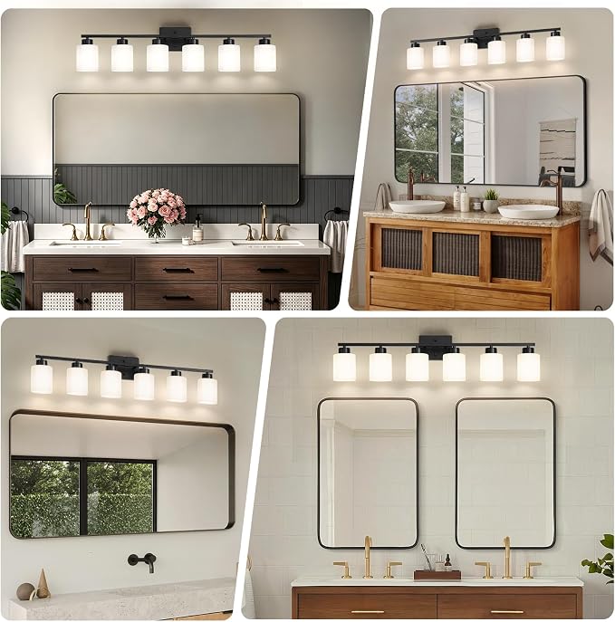 FonmYim Black Bathroom Light Fixtures Vanity Lights Over Mirror | Modern 6-Light lighting fixtures for bathroom with Milky White Frosted Glass Shades, E26 Socket (Bulbs Not Included)