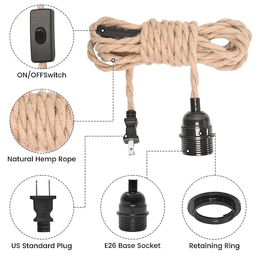 Plug in Pendant Light Cord, Industrial Hanging Light Kit with 15FT Hemp Rope, E26 E27 Light Socket for Hanging Lamp Kit, Hanging Light Cord with On/Off Switch, Bulb Not Included