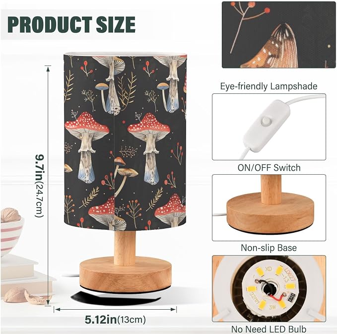 Watercolor Red Mushroom Black Table Lamp for Bedroom USB Port Lamps Small Accent Table Lamp Nightstand Lamp Sturdy Linen Shade Wooden Base Decorative Lamps for Bedside Reading|Kids|Dorm|Home