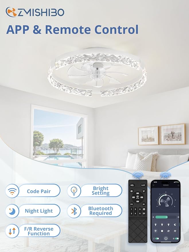 ZMISHIBO 19.7" Ceiling Fans with Lights, Low Profile Ceiling Fan and Remote, Flush Mount Ceiling Fans, Stepless Dimmable LED Light, White Fixtures for Bedroom, Living Room | 3CCT Dimmable LED, DC Motor, Bladeless, Reversible Blade, 6 Speeds, Modern, Lo...