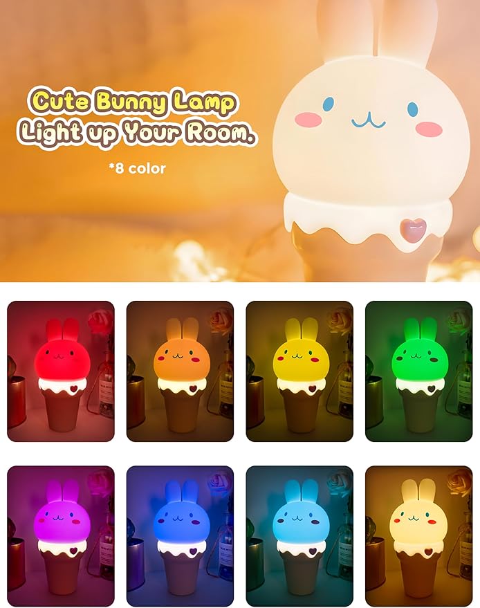 LOHAS Bunny Ice Cream Cute Night Lights, 7 Colors Kawaii Desk Decor, Pat Control and Rechargeable Base, Funny Gift, Bedroom and Nursery Décor