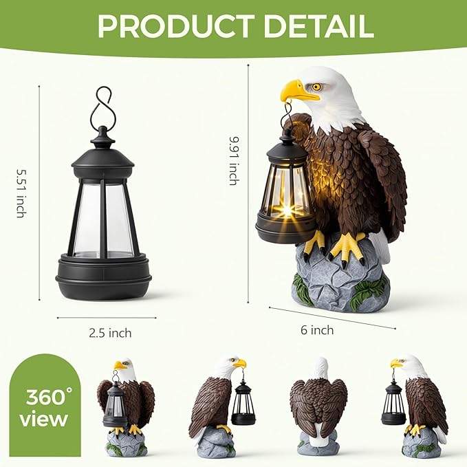 YDKOJGW American Bald Eagle Garden Statue with Solar Light,Outdoor Decor Sculpture,Perfect for Patio,Yard,Porch,Balcony,Distinctive Bald Eagle Home Decor,250 Anniversary USA Gift for Men Father