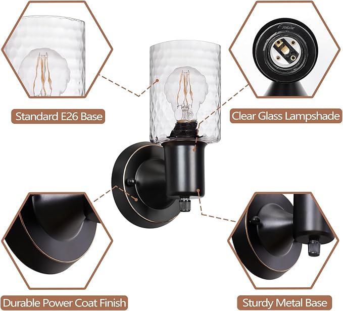 Wall Sconces Set of 2 - Matte Black Vanity Lights for Bathroom Modern Wall Light Fixtures with Rotary Switch - Wall Mount Light with Hammered Glass,Farmhouse Wall Lamp for Bedroom Mirror Living Room