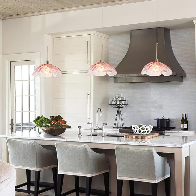 Pink Hammered Glass Pendant Light - 14" Large Vintage Pendant Light, Modern Industrial Farmhouse Hanging Lamp Ceiling Lighting Fixture for Island Dining Room Foyer Hallway Bar Cafe Kitchen Sink