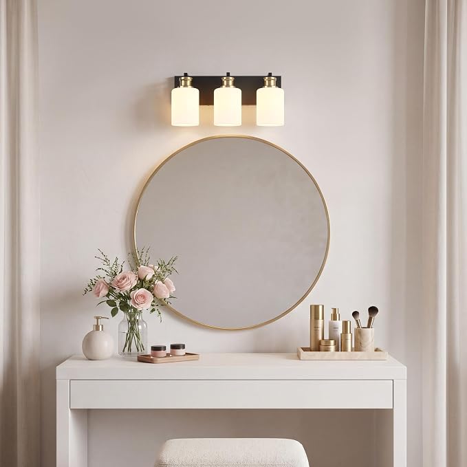 3-Light Bathroom Vanity Light, Black and Gold Vanity Lights for Bathroom | Bathroom Light Fixtures over Mirror with White Glass Shade, Modern Vanity Light Fixture, Wall Sconces Lighting, 16.5 Inch