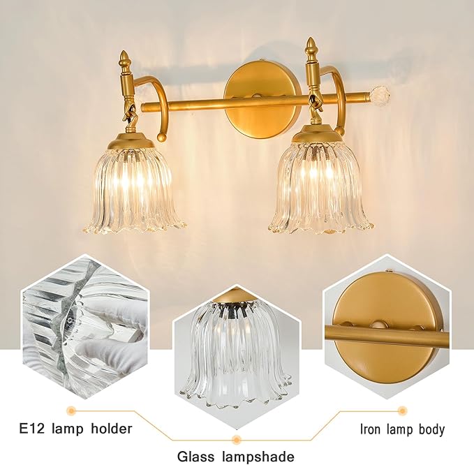 CVKASH 2-Light Bathroom Vanity Light Fixtures Over Mirror,Brushed Gold Modern Vanity Light with Glass Shade Vintage Wall Sconce for Bedroom Dressing Room Living Room Hallway Cabinet