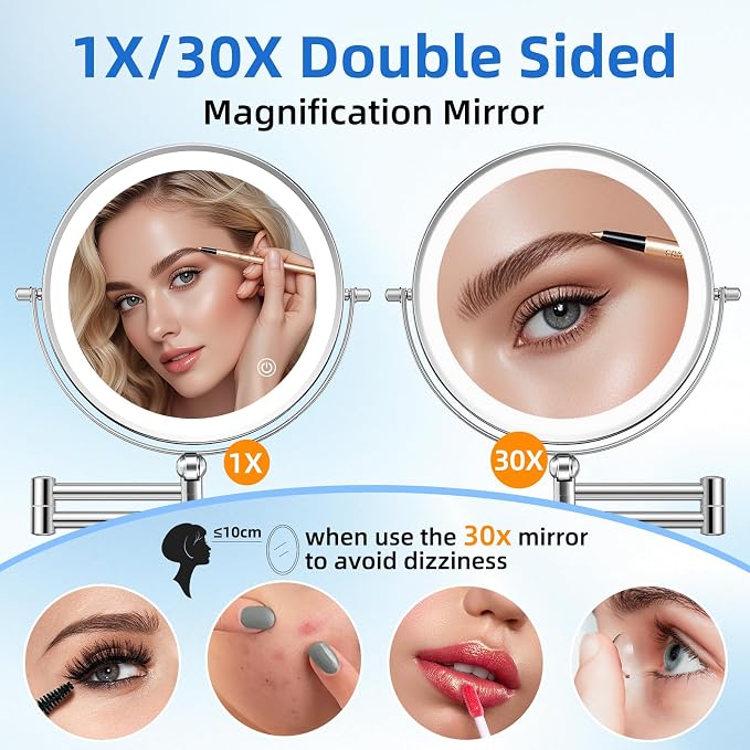 9"Wall Mounted Makeup Mirror with Lights,5000mAh Rechargeable 1X/30X | Lighted Magnifying Mirror,Double Sided Wall Mirror for bathroom,3Color Lighting,Touch Dimming, Extended Arm 360 Rotation