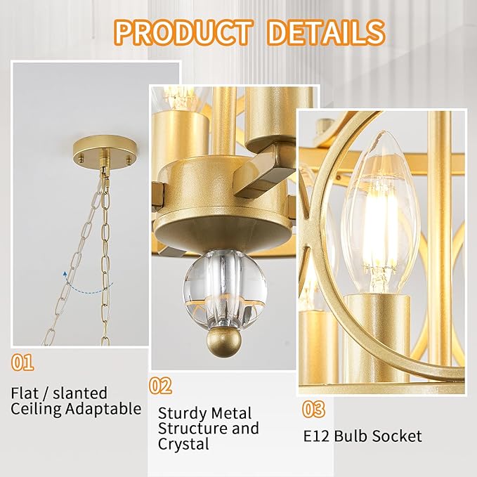 Gold Chandelier,11.2in Farmhouse Lantern Pendant Light Fixture,Adjustable Hanging Ceiling Lamp,for Kitchen Island,Bedroom,Entryway,Dining Room