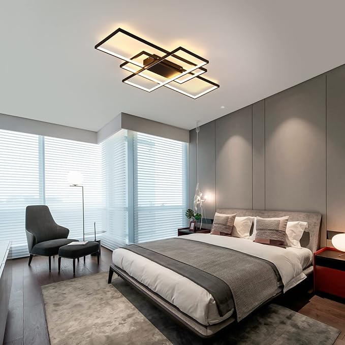 GEADI Modern 41.3in 3-Square LED Ceiling Light, 68W Black Flush Mount | Dimmable Rectangular Ceiling Lamp with Remote Control, 3000K-6000K, 5440 Lumens for Living Room, Dining Room and Kitchen
