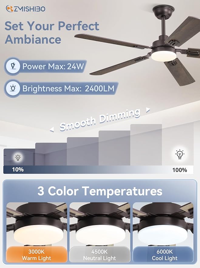 ZMISHIBO 52" Ceiling Fan with Light and Remote, Oil Bronze Farmhouse Indoor | 24W 2400LM Bright LED, 3CCT, Dimmable, App Control, Rustic Dual Finish Blades, Quiet&Strong Motor for Bedroom, Living Room