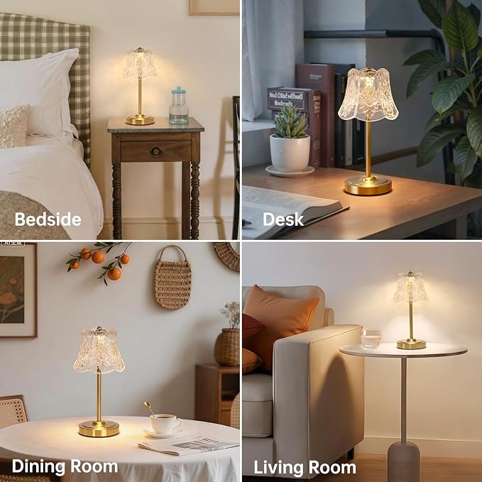Shenmoyl Cordless Touch Table Lamp with 5200mAh Battery - 3 Adjustable Color Temperatures & Dimmable, Rechargeable Desk Lamp for Bedroom, Living Room, Office, Entryway, Bookshelves (Transparent Rose)