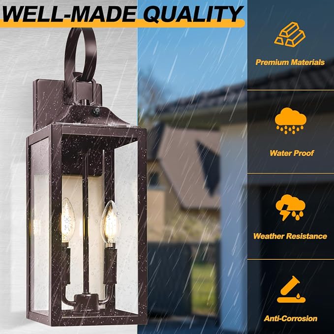 19" Oil Rubbed Bronze Dusk to Dawn Outdoor Wall Light, Modern Porch Lights | Large Exterior Wall Lantern 2-Light with Tempered Glass, Waterproof Outdoor Light Fixtures Wall Mount for House Patio, 1-Pack