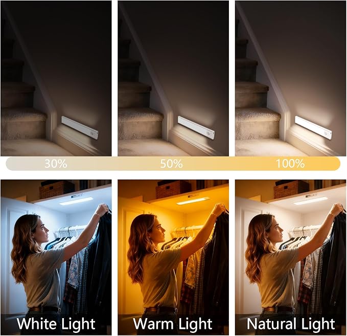 Bitrue Under Cabinet Lighting, 2Pack Rechargeable Magnetic Motion Sensor,Stepless Dimmable, 3 Color Temps, Wireless Lighting for Kitchen, Closet, Staircase (Silver, 2Pack-8inch)