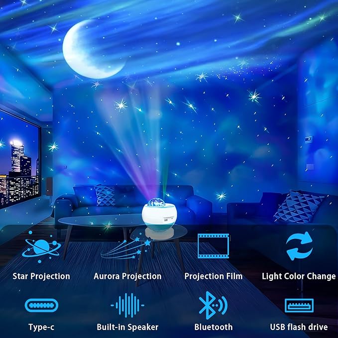 Northern Lights Projector,Star Projector for Bedroom,3 HD Projection Lenses Galaxy Projector,Bluetooth Speaker Star Projector,Moon Projector,Aurora Light Projector,Room Decor,Lights for Bedroom