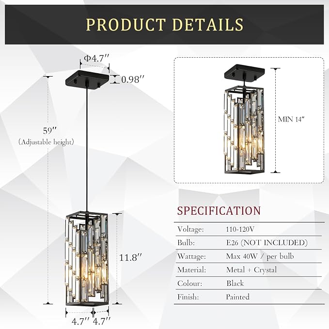 CATINER Black Crystal Pendant Light 3-Pack, Mini Hanging Light, E26 | Black crystal pendant lights 3-pack with adjustable 70.8" cords, E26 base, dimmable for kitchen island lighting