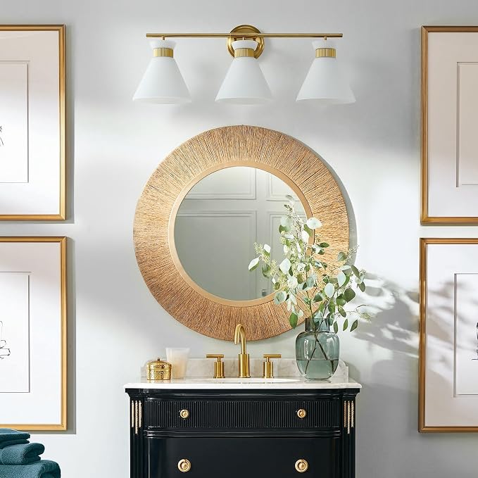 WOSHITU Bathroom Vanity Light Fixtures: 3-Lights Mid Century Modern Vanity Lights for Bathroom Over Mirror, Brushed Gold Wall Sconce Lighting with Frosted Milky Glass Shade for Bath Living Room