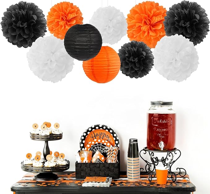 Orange-Black White Party-Decorations Paper-Flowers Lanterns - 15PCS Halloween Tissue Pom Poms Streamers,Vintage Baby Bridal Shower Birthday Bachelorette Wedding Hanging Supplies Decor Hugfond