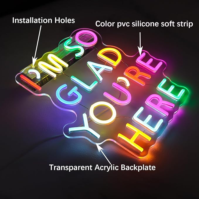I’m So Glad You’re Here Neon Sign for Teachers – Dimmable Multicolor Letter LED Light with Wired Controller, Rainbow Glow Classroom Decor, 12.2×11.8 in, Includes 4 Wall Anchors & 2m USB Cable