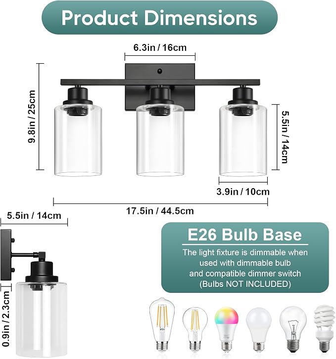 Ascher Bathroom Light Fixtures, 3-Light Vanity Light Over Mirror, Matte Black Wall Sconces with Clear Glass Shades, Wall Lamp for Living Room Bedroom, E26 Base(Bulbs Not Included)
