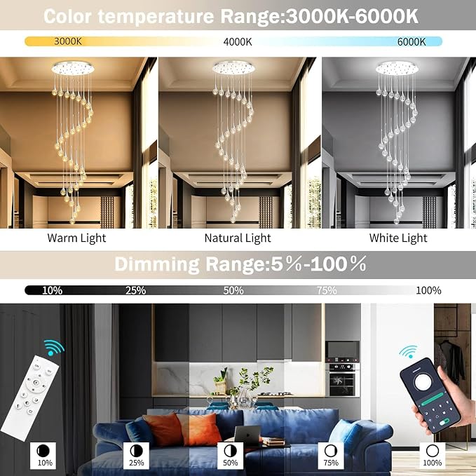 30 Light Modern Glam Crystal Chandelier for High Ceiling LED Dimmable Ceiling Pendant Light Staircase Foyer Enterway Living Room Chandelier Lighting Antique Silver
