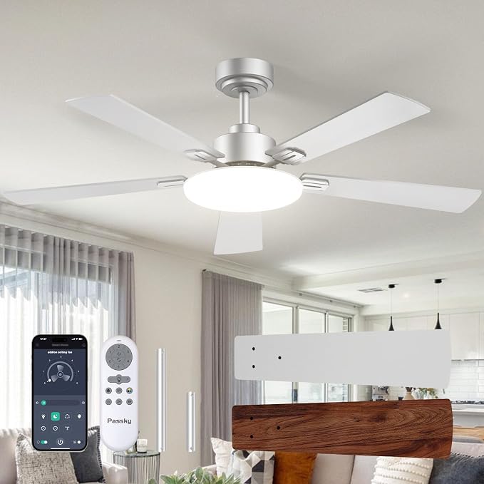 Passky Ceiling Fans with Lights, 52 inch Sleek Ceiling Fan with Light and Remote Control, 3CCT, Dimmable, Reversible, Noiseless, Silver Ceiling Fan for Bedroom, Living Room | 3-color dimmable light, quiet reversible DC motor, easy install, memory, Time...