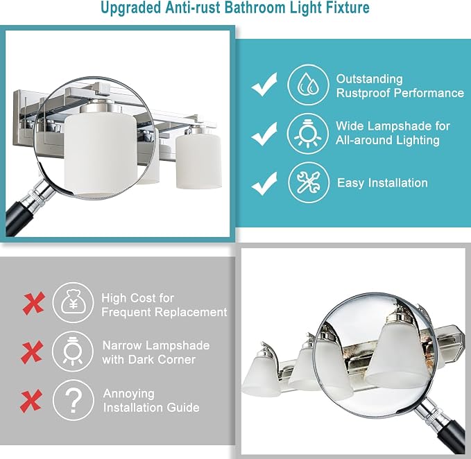 Modern Bathroom Light Fixtures Over Mirror, Vanity Lights for Bathroom Wall Sconces with Milky White Glass Shades, E26 Socket (Bulbs Not Included), 3 Light, Chrome