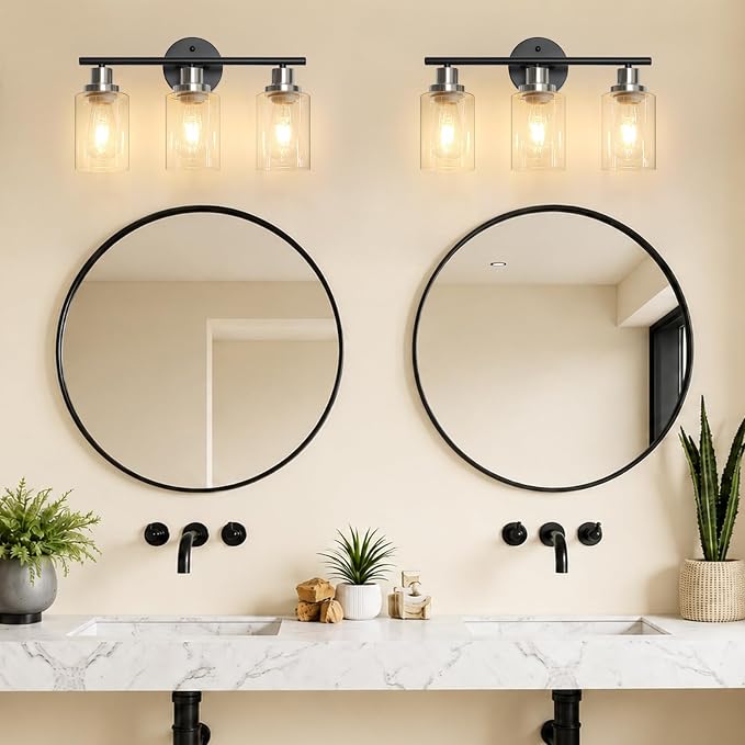 Modern Bathroom Light Fixtures, 3 Light Vanity Lights, Black and Brushed Nickel Wall Lamp with Clear Glass for Bathroom, Mirror, Living Room, Bedroom, Hallway, E26 Base