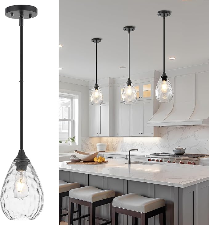 Glass Pendant Lights Kitchen Island, 1-Light Modern Black Pendant Light Fixtures with Hammered Glass and Rods, Small Hanging Light for Kitchen Sink Dining Room Bathroom