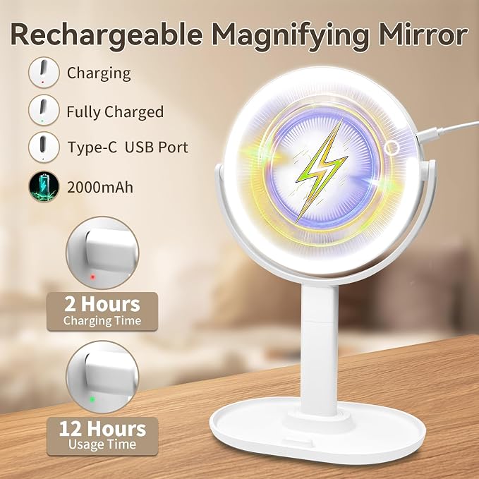 Makeup Mirror with Lights, 80 LED Dual-Sided Lighted Makeup Mirror with Magnification, Desk Mirror (1X/10X) with 3 Color (4000K-8000K) & Touch Dimmer, Rechargeable 2000mAh Battery, Gift for Women
