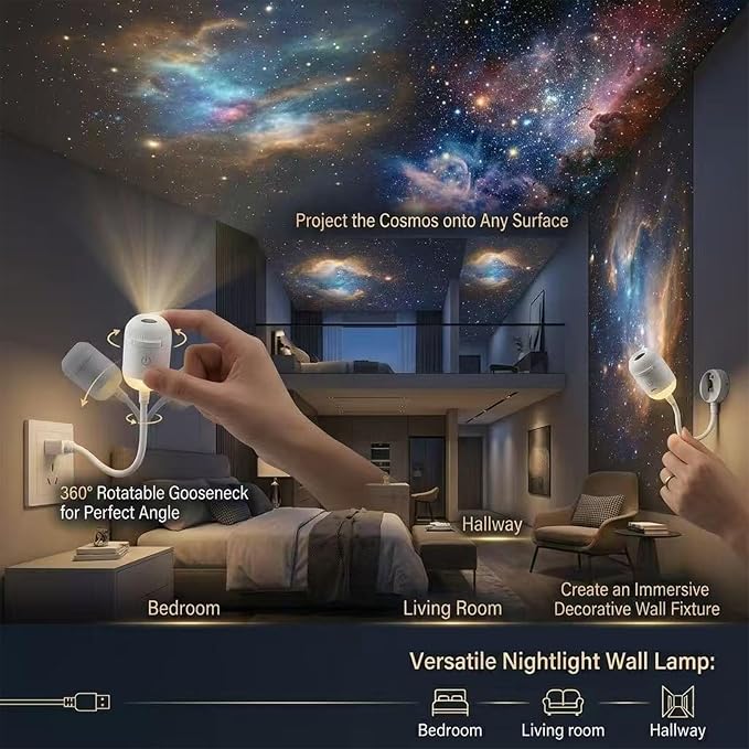 2-in-1 Galaxy Ocean HD Smart Dynamic 5D Holographic Night Light Projector | Plug and Play, USB Portable, Adjustable Brightness, 360° Rotating Design, Star Starry Sky Mini Projector for Bedroom Ceiling