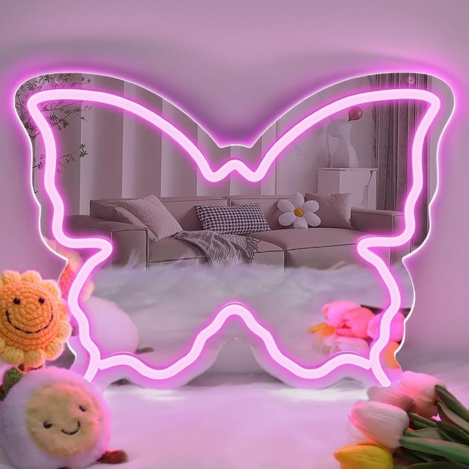 Butterfly Neon Sign Mirror, LED Neon Sign for Wall Decor, 15.7'' x 12'' Dimmable Neon Light for Teen Girls & Kids Birthday Party Gift, Neon Signs for Girl Room Decor, Wall Mirror, USB Powered (Pink)
