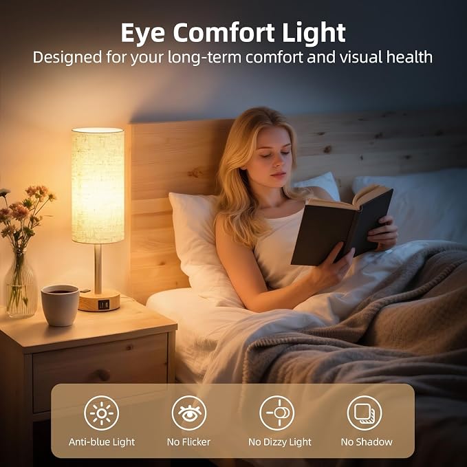 2-Pack Table Lamps, High-Sensitivity Touch, 3-Level Dimmable Bedside Lamp with AC Outlet | USB | and USB-C, Ideal Nightstand Lamps for Bedroom, Reading (2PCS, Warm&Wooden)