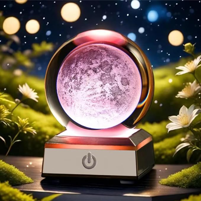 3D Moon Crystal Ball with LED Stand, Moon Figurine Decor Glass Sphere Lamp Night Light Gifts for Women Men Mom Kids