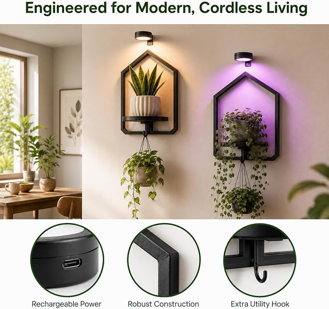 2 Pack Wall Mounted Plant Shelf with Grow Light, Hanging Plant Shelf | Floating Plant Wall Shelf Decor with Wireless Rechargeable LED Plant Light & Remote Control for Bedroom Living Room Apartment