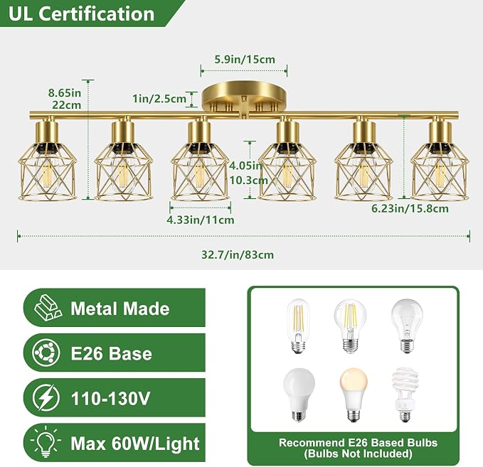 Baocuz 6-Lights Gold Semi Flush Mount Ceiling Light, Adjustable Multi-Directional Light Fixtures, Rotatable Farmhouse Light Fixtures with Metal Cage for Dining Room, Living Room, Kitchen