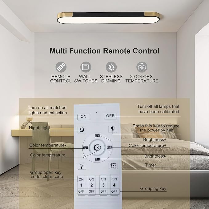 Tioolo Dimmable LED Ceiling Lights Flush Mount Ceiling Light 4FT LED Wraparound Light with Remote Linear Light Fixture for Kitchen Laundry Closet Garage Office Hallway (60W/3000-6500K)