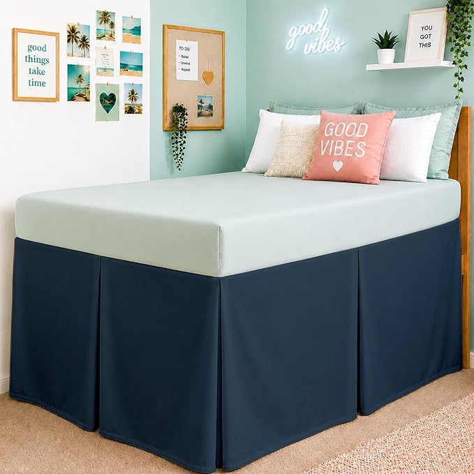 Cottington Lane Tailored Box Pleated College Dorm Bed Skirt Twin XL, Hotel Quality Premium Brushed Microfiber Extra Long Bedskirt Twin XL 46 Inch Drop, Navy Blue Dorm Bedding