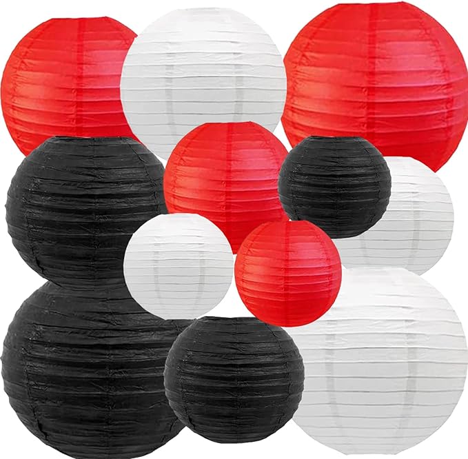 Paper Lanterns Decorative, Hanging chinese lanterns Indoor Outdoor for Birthday, Wedding, Christmas, Bridal, Home Decor, ceiling decorations Black/Red/White 12pcs(Size of 4”, 6”, 8”, 10”)