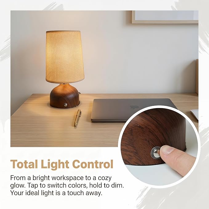 Small Cordless Table Lamp with Fabric Shade, 3 Color Temperature Stepless Dimming Rechargeable Battery Operated Nightstand Lamp, Wood Grain Bedside Lamp for Bedroom Living Room Home Decor