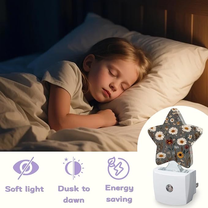 Brown Flowers Night Lights Plug Into Wall,White Floral Dusk to Dawn Light Sensor Night Light for Kids,Energy Efficient Sleep Friendly Lamp for Bedroom Bathroom Nursery