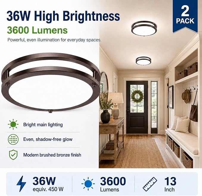 2-Pack Oil-Rubbed Bronze Flush Mount LED Ceiling Lights, 13Inch 36W Super Bright 3600lm Dimmable Ceiling Light Fixtures, 5CCT Selectable 2700K-6500K, Energy-Efficient Modern Ceiling Lamp, Easy Install
