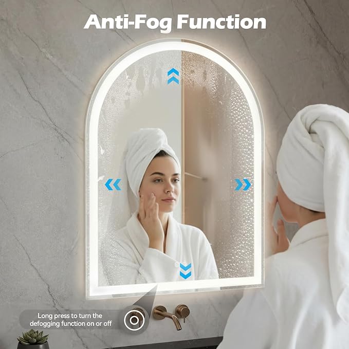 Sweetcrispy Arched LED Bathroom Mirror with Lights, Vanity Mirror, 28"x36" | Anti-Fog, Dimmable, 3-Color Light, Backlit, Memory Function, Tempered Glass
