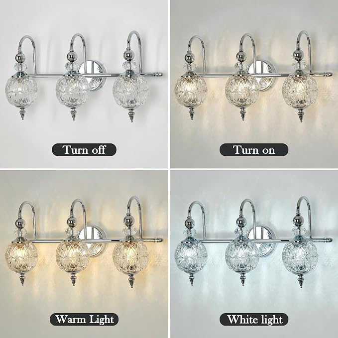Piepooye Modern Bathroom Light Fixtures Polished Chrome Vanity Light with Glass Globe LampShade 3 Lights Mid Century G9 Bulb Wall Sconce Indoor Vanity Light Over Mirror for Bedroom Kitchen Hallway