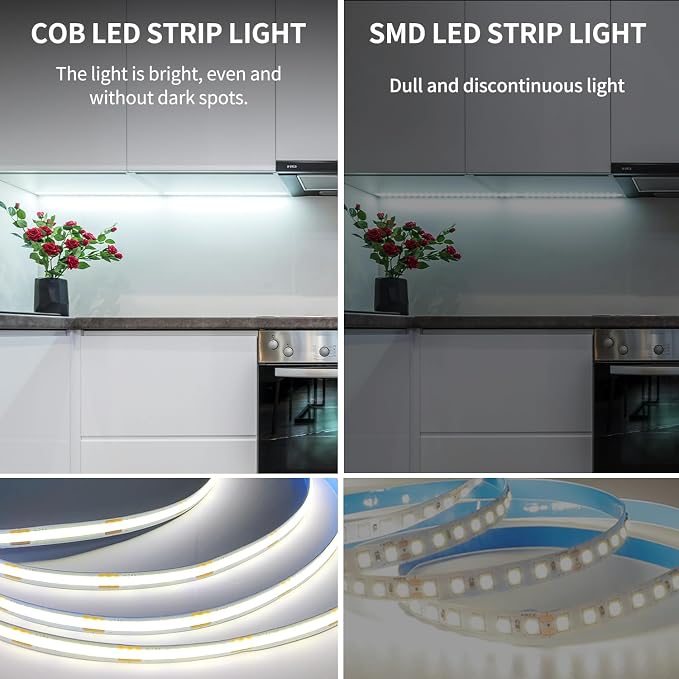 32.8ft COB LED Strip Lights DC 24V Dimmable 6000K White | Flexible LED Tape Light for Bedroom, with Remote and app Control LED Tape Lights CRI90+,for DIY Home Decoration